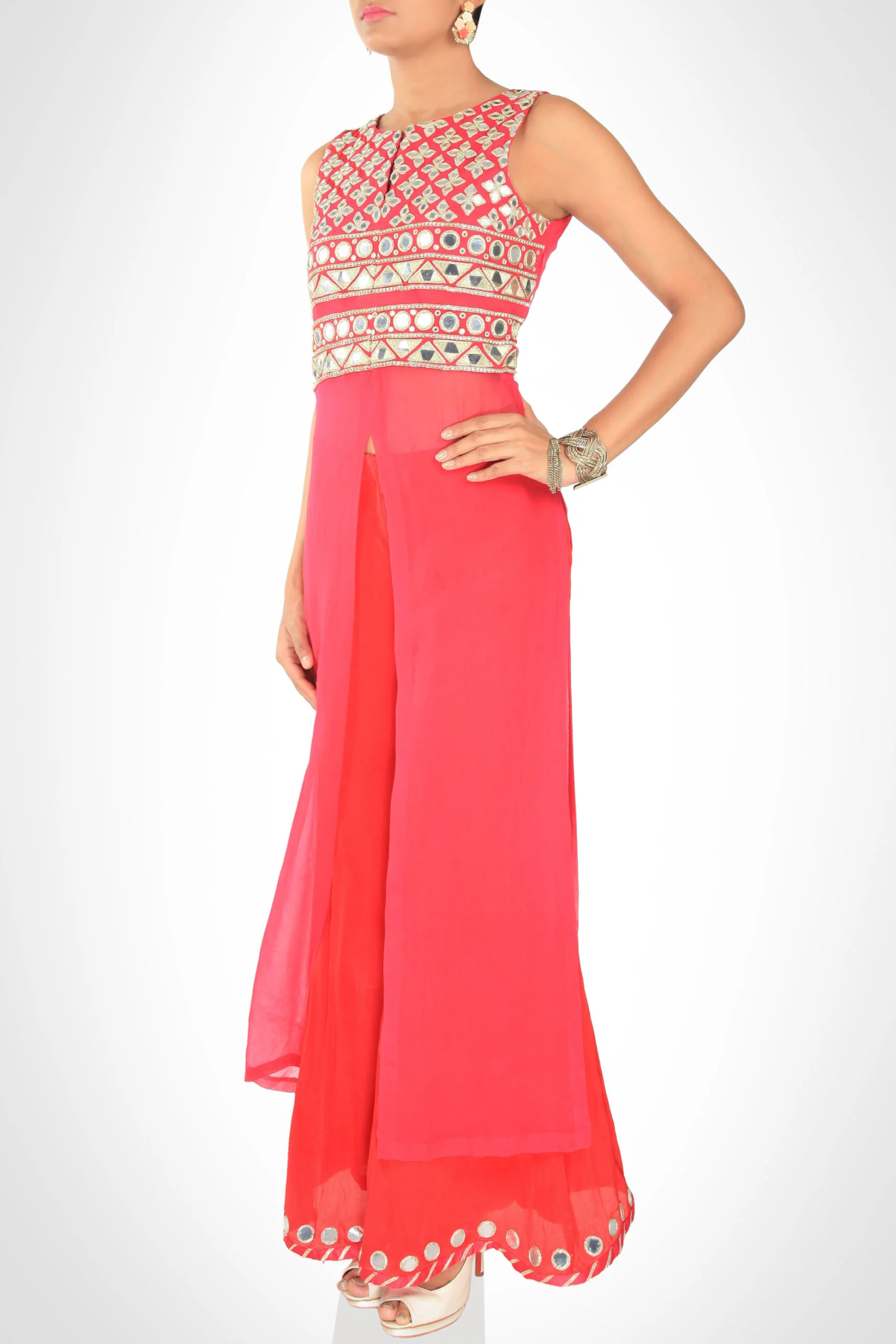 Coral Mirror Work Kurta With Culottes - Image 3