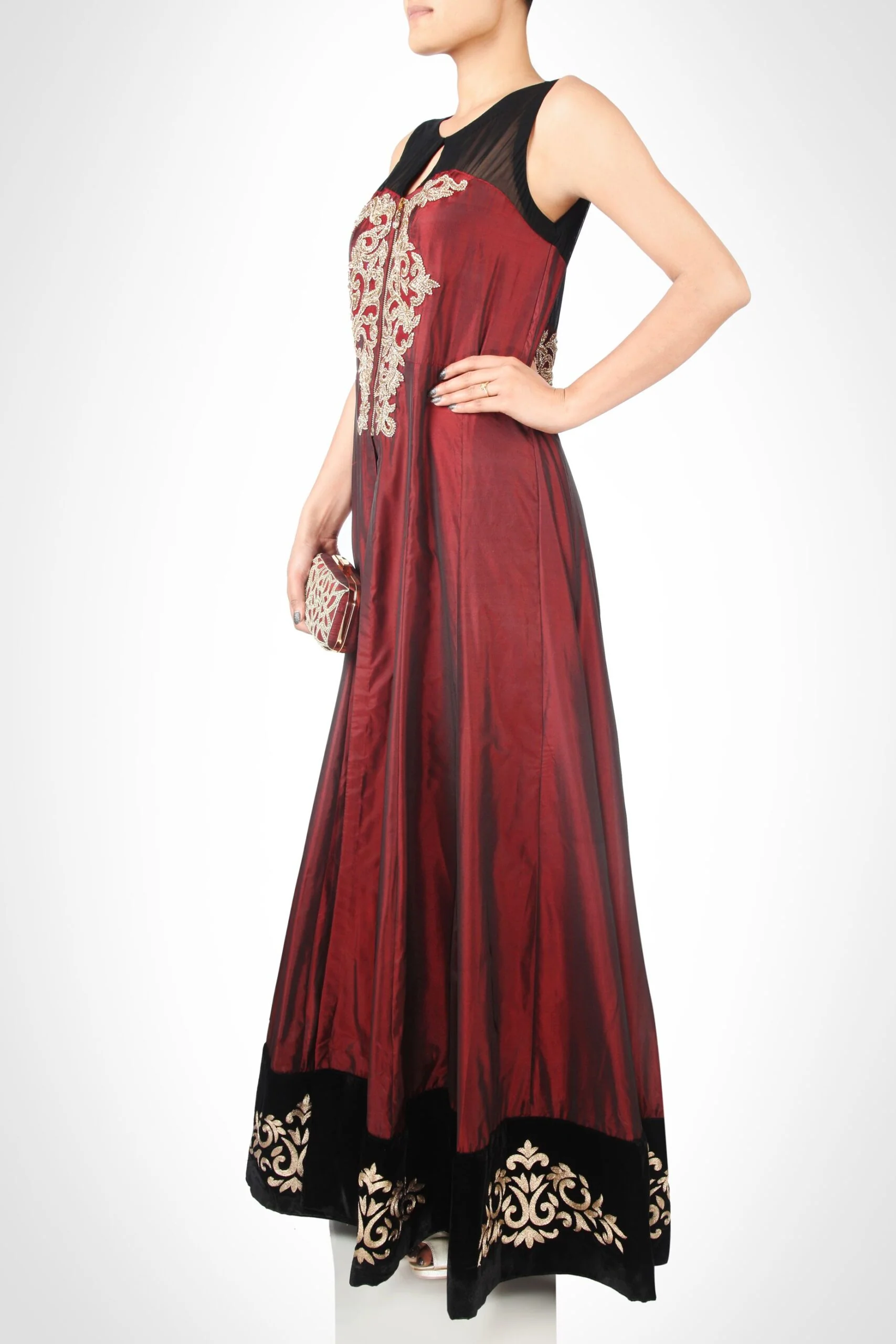 Floor Length Jacket With Zardozi Embroidery - MARSALA - Image 3
