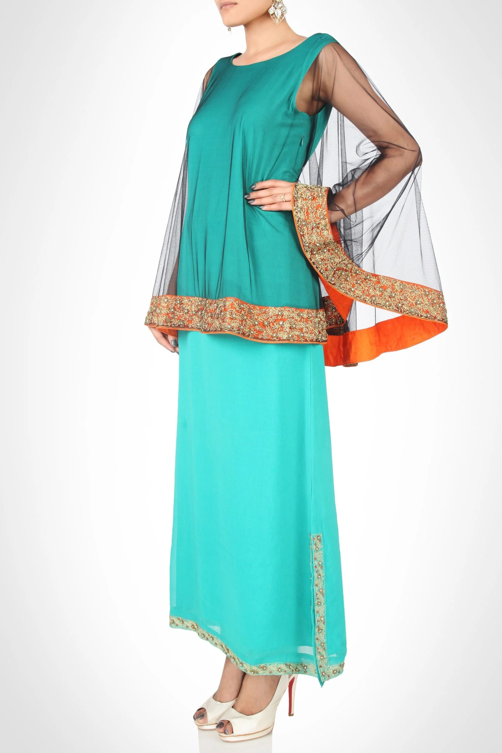 Georgette Kurta with Embroidered Poncho - Image 3