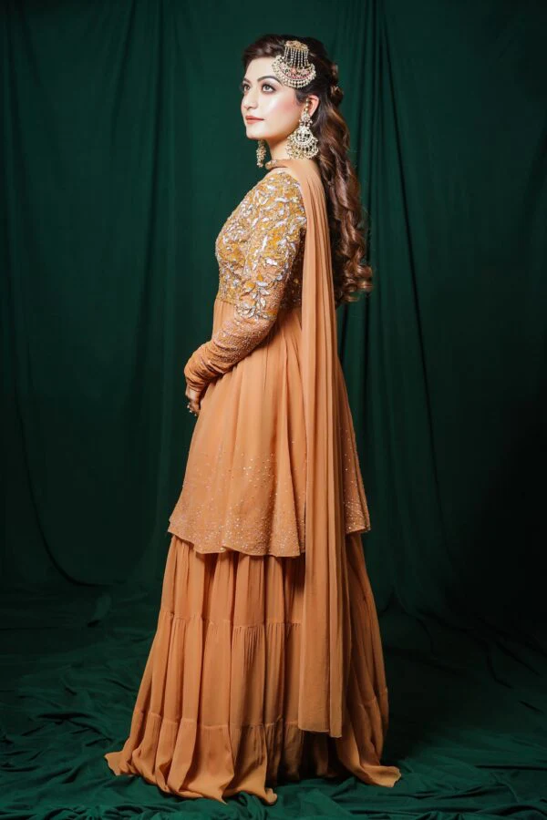 Georgette Short Anarkali With Sharara - GOLDEN - Image 3
