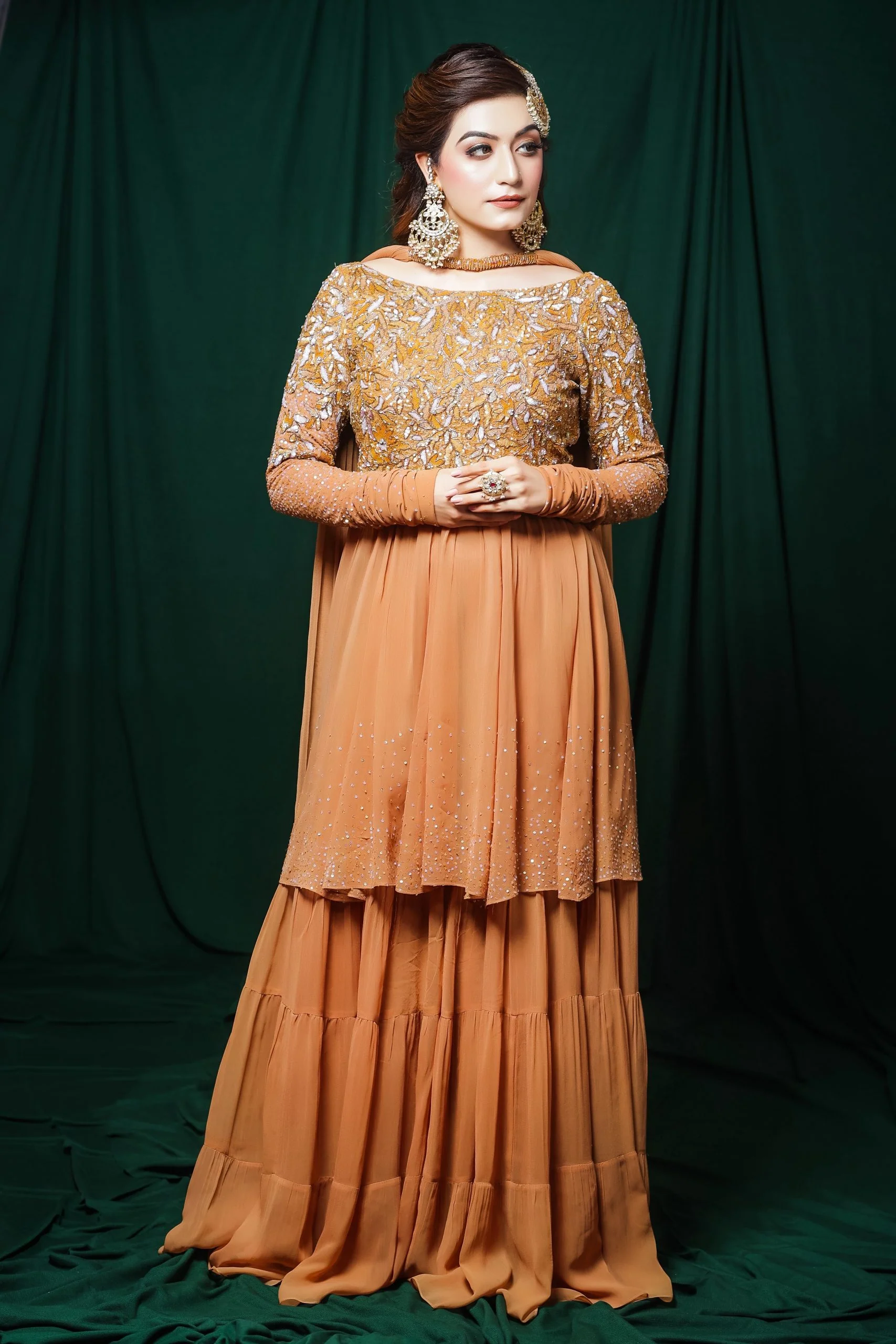 Georgette Short Anarkali With Sharara - GOLDEN - Image 4